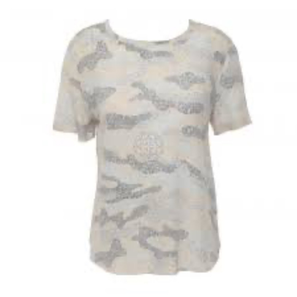 EQUIPMENT FEMME Tan Gray Camo Print 100% Silk Round Hem Top Tee Shirt Size S